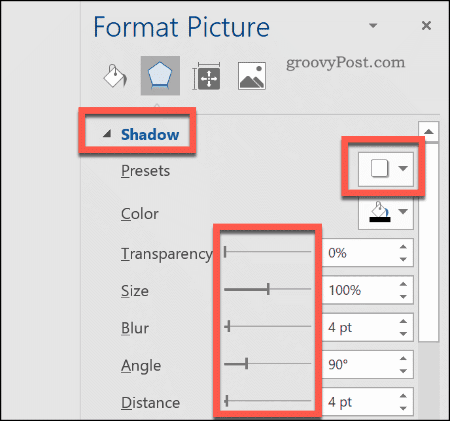 Přidání vrženého stínu k obrázku v aplikaci Word