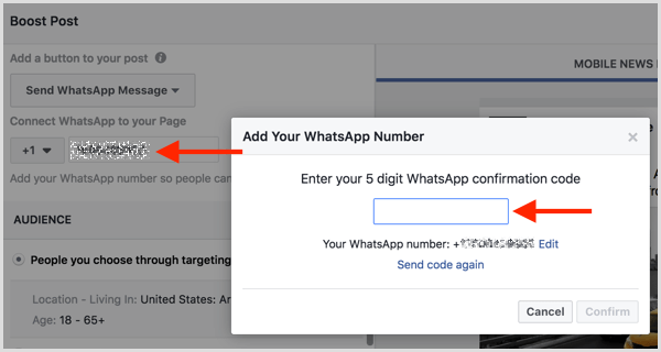 Zadejte potvrzovací kód, který jste obdrželi prostřednictvím SMS, abyste propojili svůj účet WhatsApp Business s Facebookem.