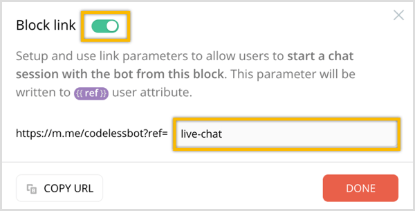 Možnost ChatFuel Block Link