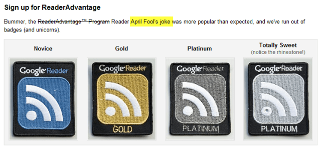 Google Reader 2010 Duben Fools Reader Advantage Badge