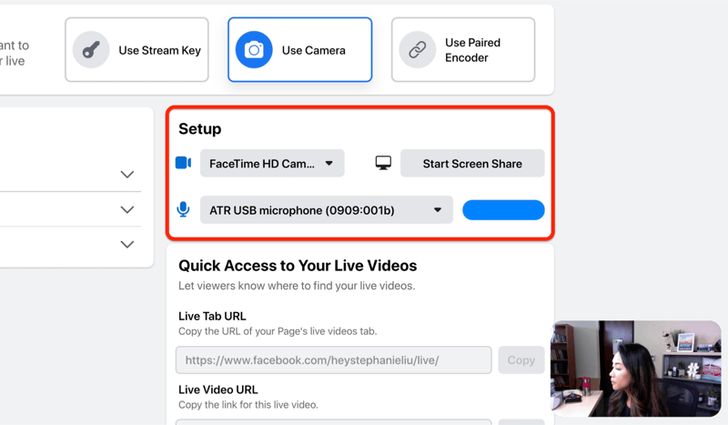 Možnost nastavení živého přenosu na facebooku pro výběr vaší kamery a mikrofonu nebo sdílení obrazovky