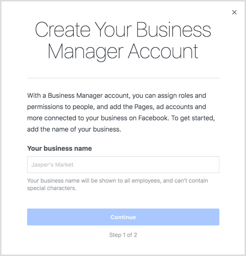Zadejte svůj obchodní název a vytvořte si účet Business Manager.
