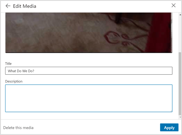 Dialogové okno Upravit média, které se zobrazí, když na svém profilu LinkedIn vytvoříte odkaz na video