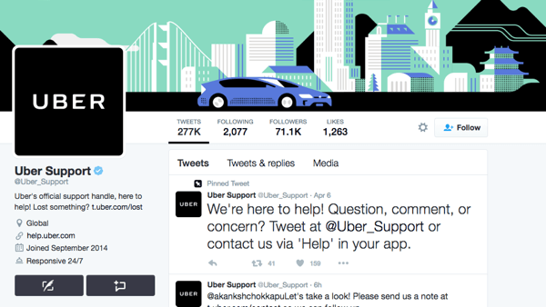 Uber má pro podporu Uber samostatný popisovač Twitteru.