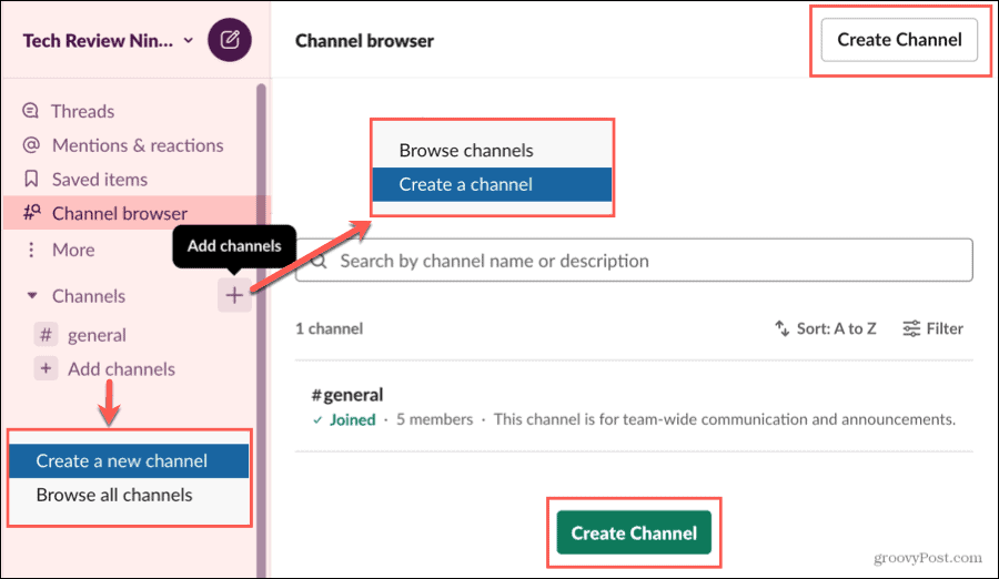 Vytvořte kanál v prohlížeči Slack Channel