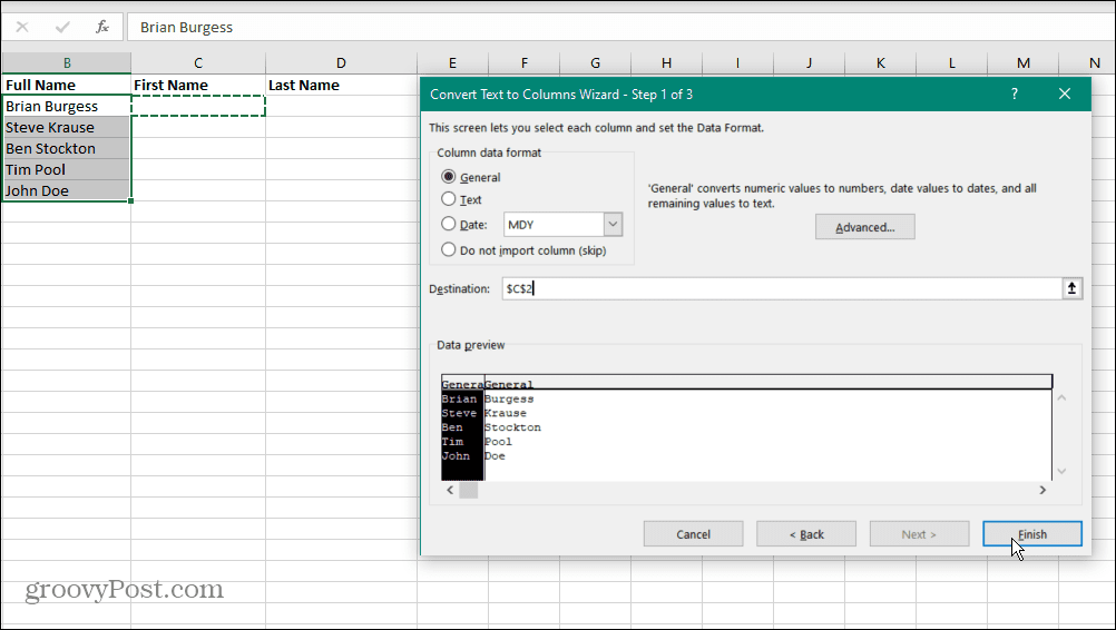 Samostatná jména v Excelu