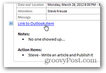 Klikněte na odkaz Zpět na položku kalendáře aplikace Outlook