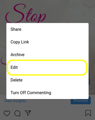 Jak přidat alternativní text k příspěvkům Instagramu, krok 5, upravit možnost příspěvku. 