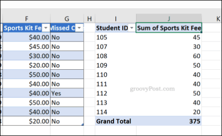 Kontingenční tabulka Excel s použitým formátováním čísla obecné buňky