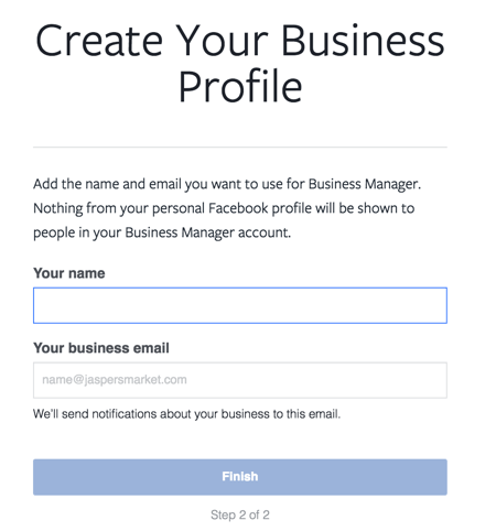 Zadejte své jméno a pracovní e-mail a dokončete nastavení účtu Facebook Business Manager.