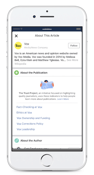 Facebook začne zobrazovat nové indikátory důvěryhodnosti vydavatele pro články sdílené ve zpravodajském kanálu.
