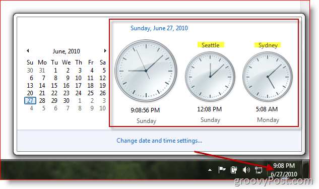 Microsoft Windows 7 zobrazující další hodiny v různých časových pásmech